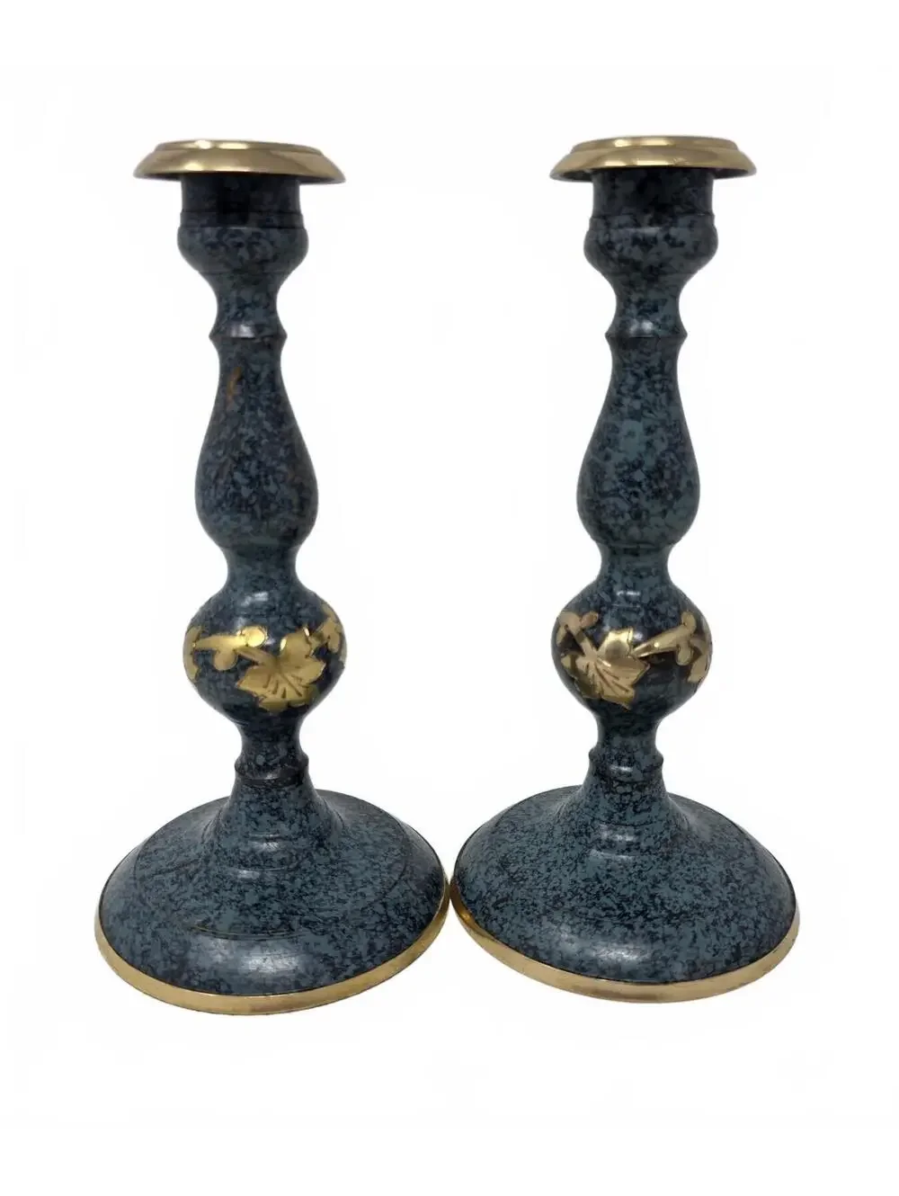 Vintage Solid Brass Candlesticks Pair Blue Finish Grapevine 7.5